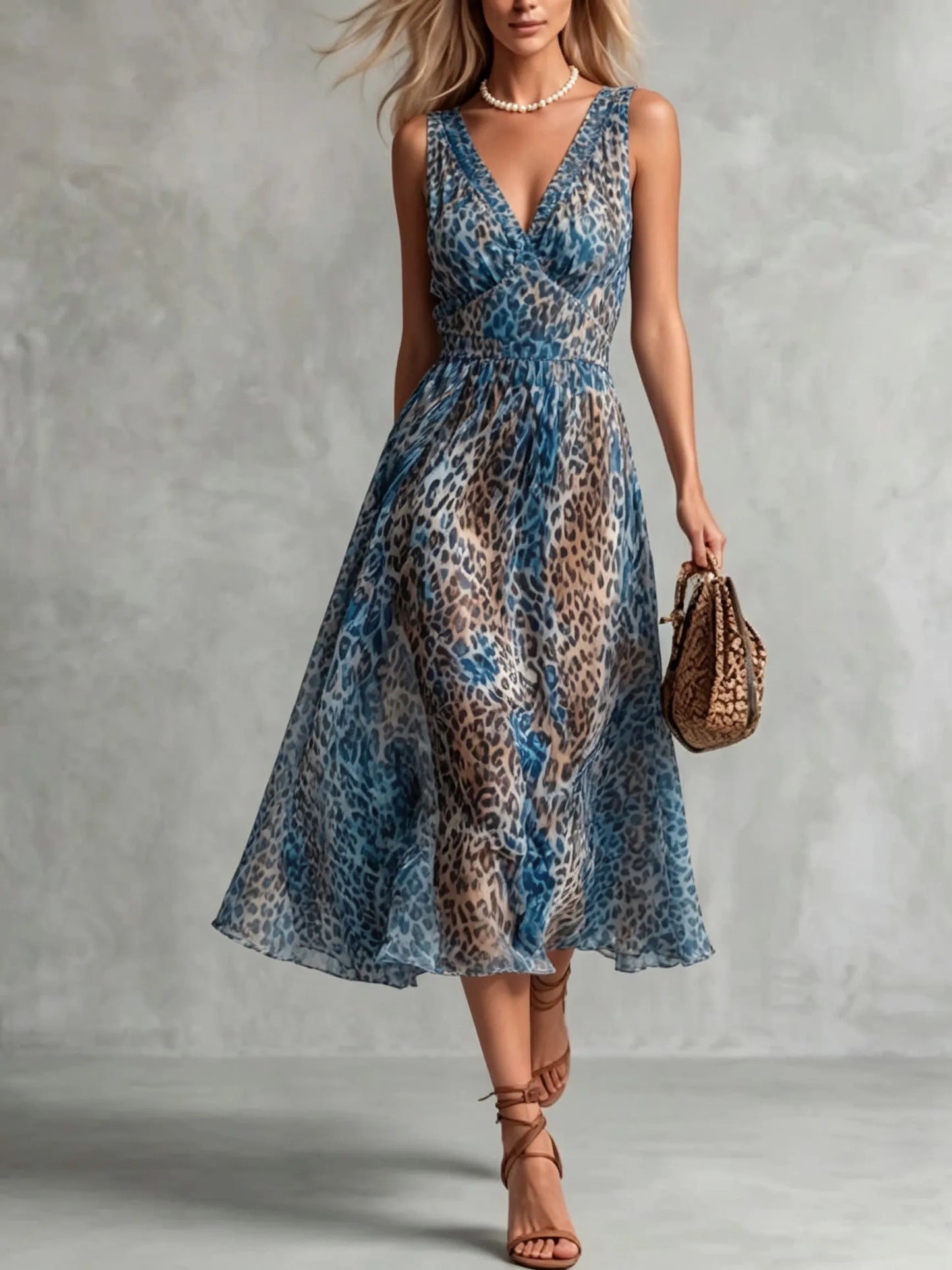 Women's Leopard V-Neck Midi Dress