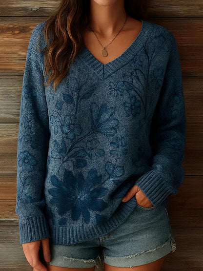 Women's Retro Floral Print V-neck Cozy Knit Sweater