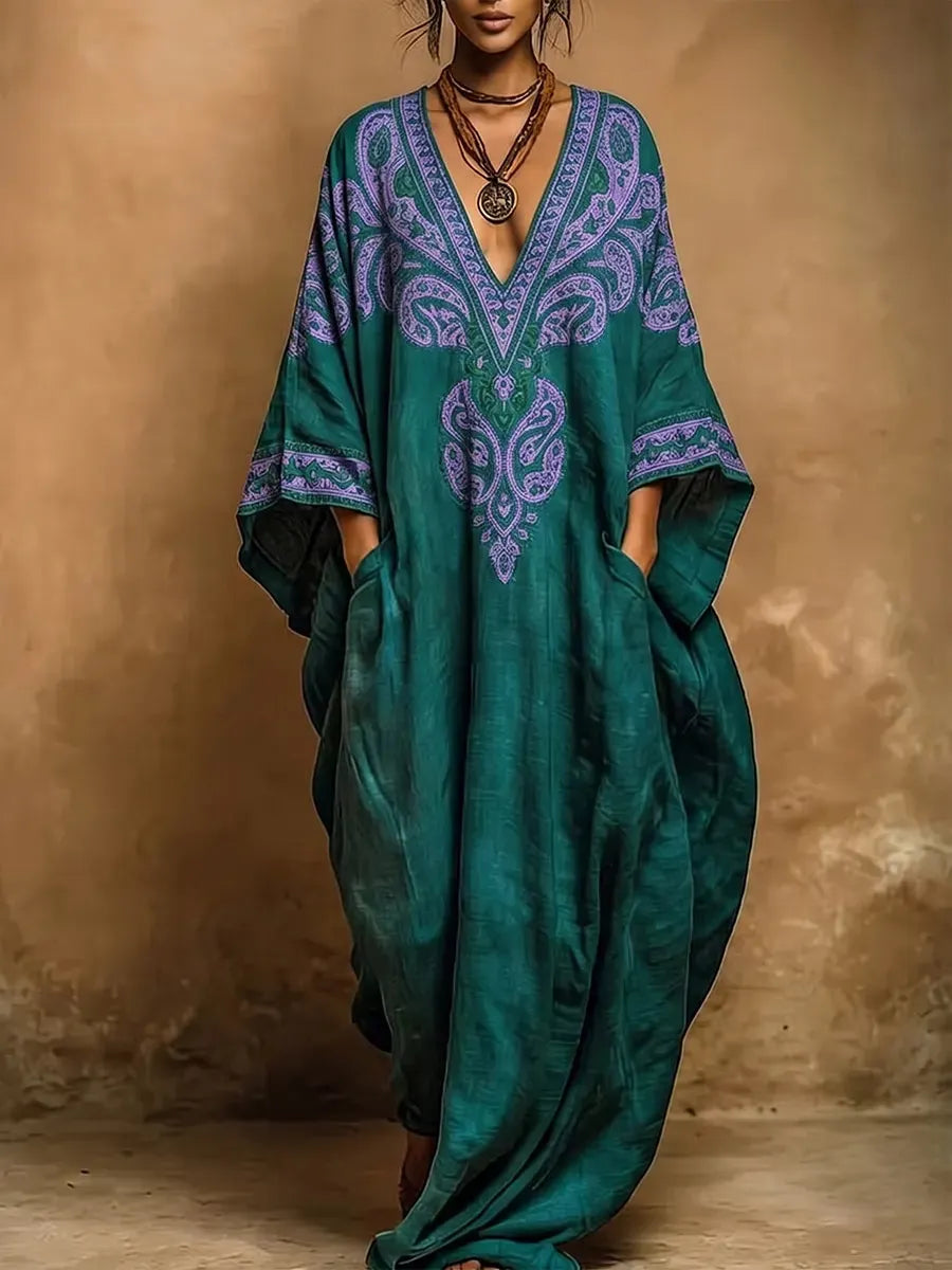 Teal Bohemian V-Neck Maxi Kaftan