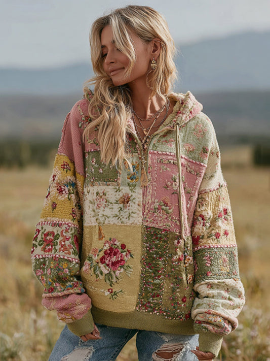 Women's Vintage Floral Patchwork Zipper Casual Hooded