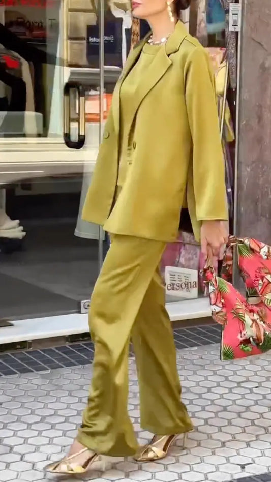 Olive Green Satin Blazer, Top & Wide Leg Pants Co-Ord Set