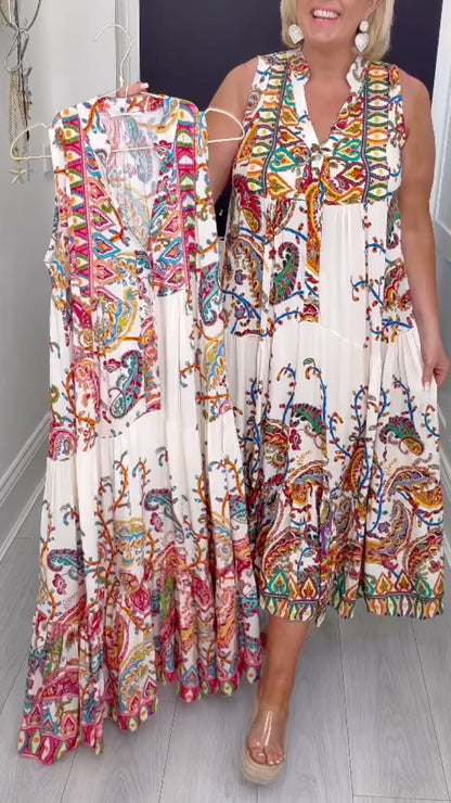 Colorful Paisley Print Sleeveless Midi Dress