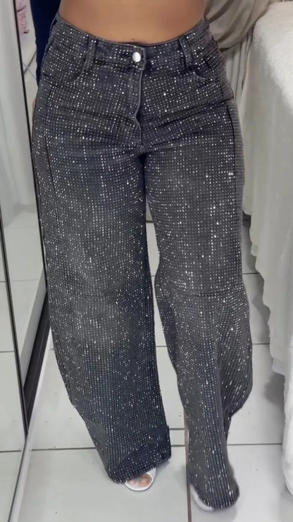 Over Rhinestone High Waist Wide Leg Jeans