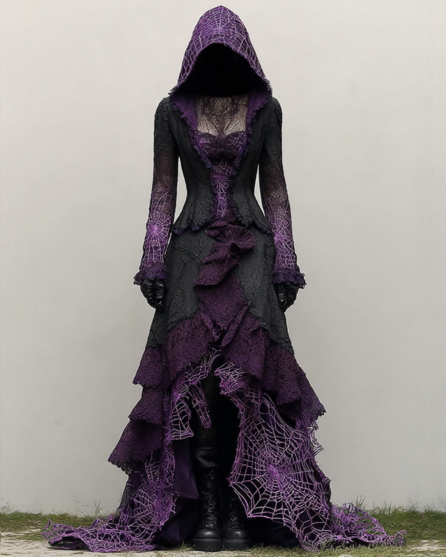 Halloween Contrast Spiderweb Lace Panel Ruffle Hooded Dress c505