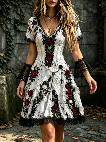 Women's Rose Skull Lace Print Short-sleeve V-neck Cotton Linen Dress