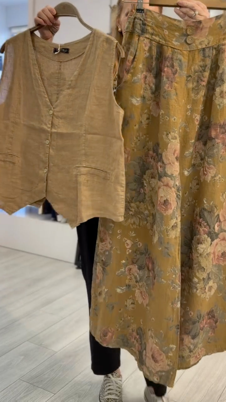 Retro Linen Vest & Floral Wide-Leg Pants Set