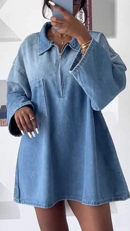 Oversized Half-Zip Denim Mini Dress