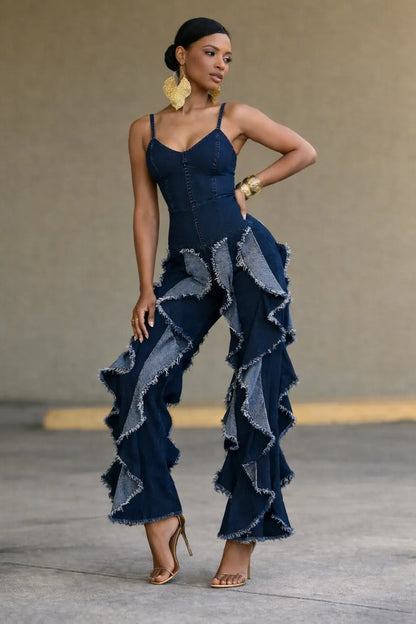 Dark Blue Denim Ruffle Wide Leg Jumpsuit