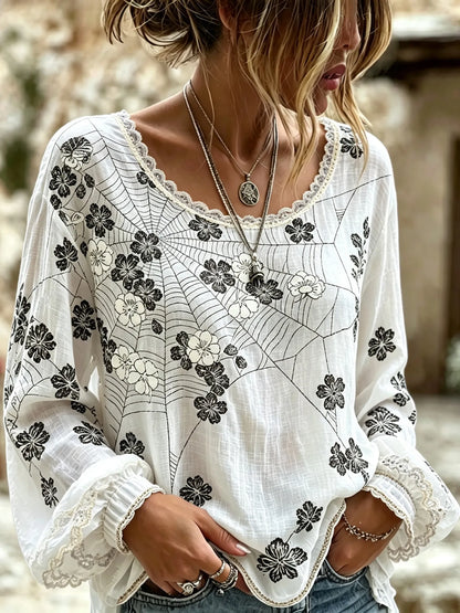 Women's Vintage Spider Web And Floral Print Top