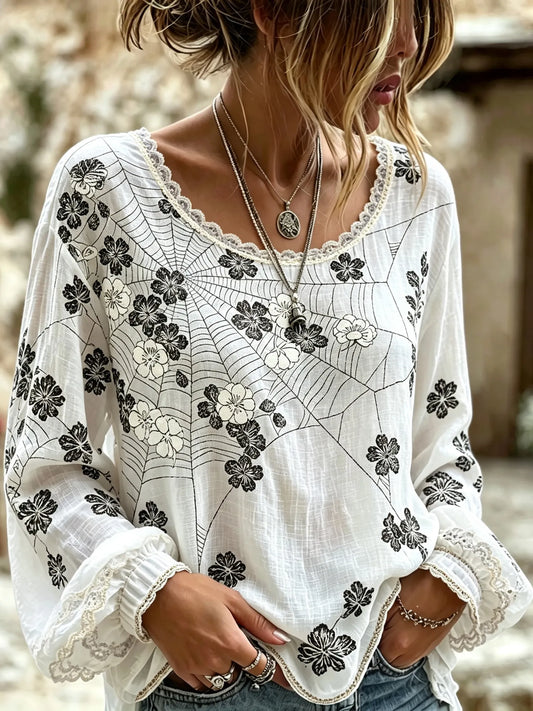 Women's Vintage Spider Web And Floral Print Top