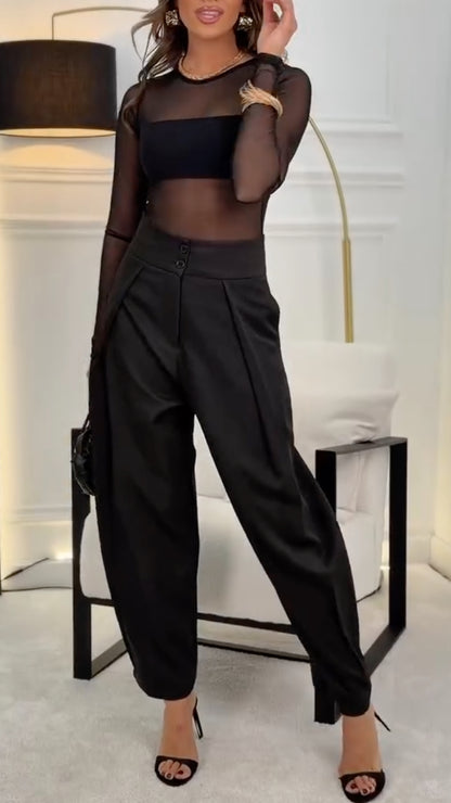 Black Sheer Mesh Long Sleeve Top & High Waist Tapered Pants Set