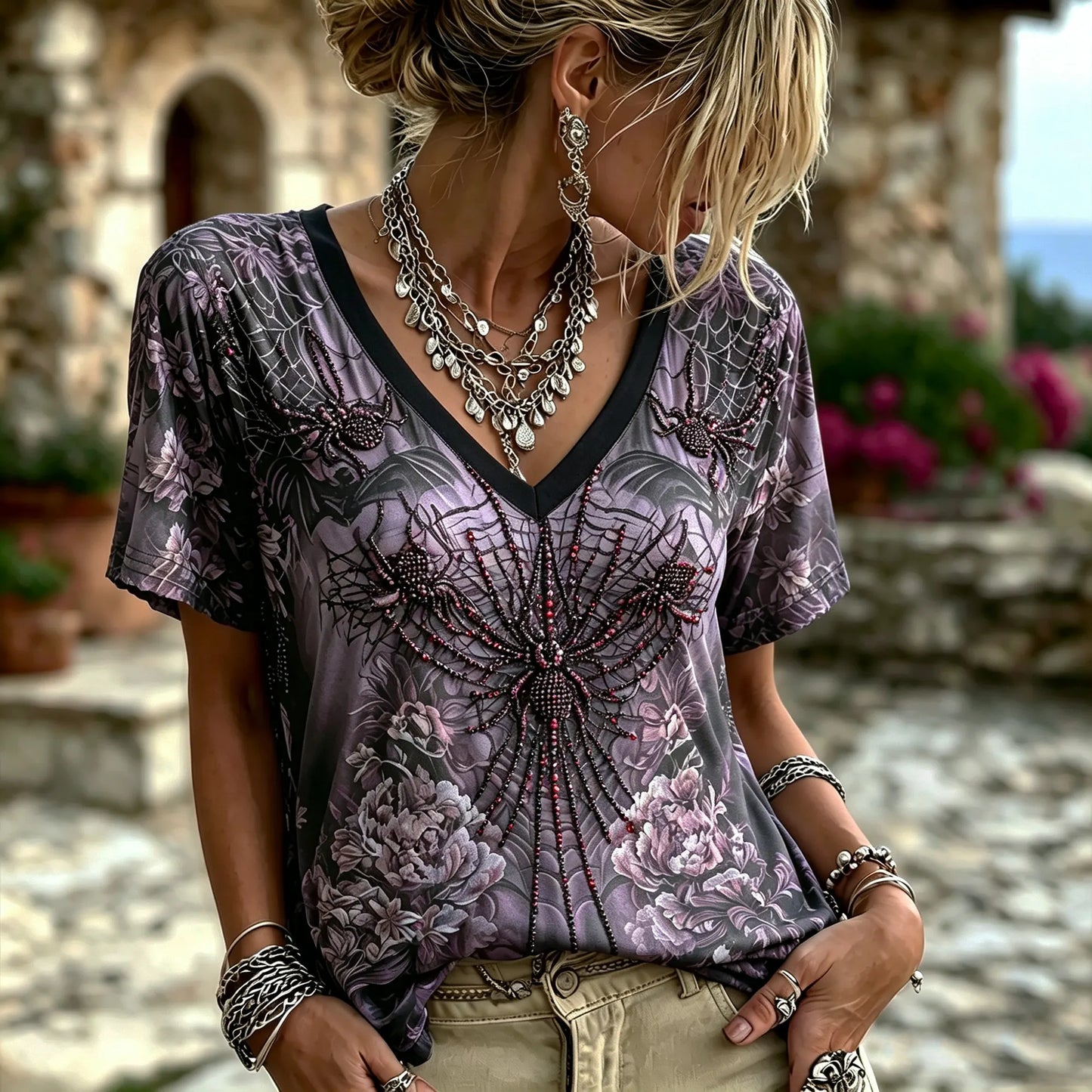 Women Dark Purple Beaded Spider Floral V Neck Short Sleeve Gothic Halloween Boho Blouse