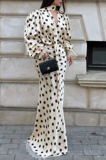 Women's V-Neck Polka Dot Satin Maxi Dress