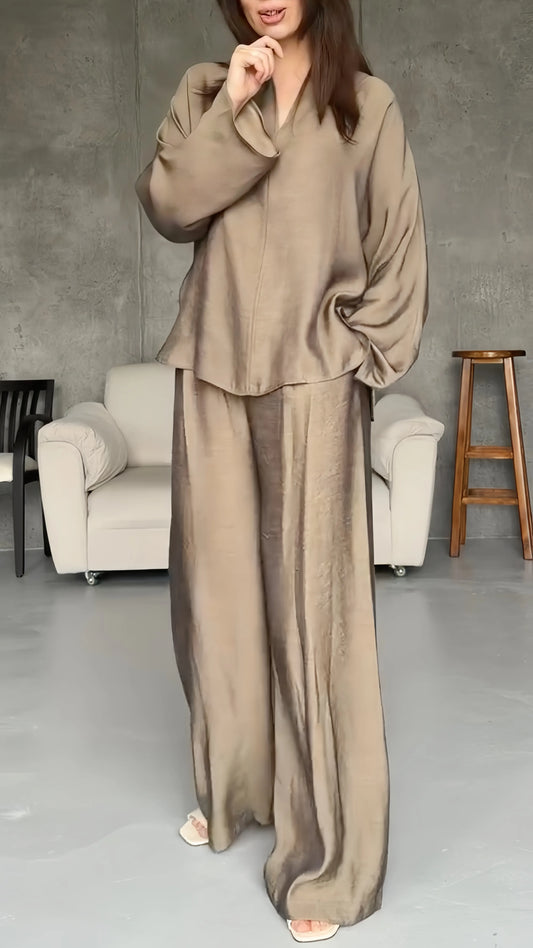 V-Neck Blouse & Pleated Wide Leg Pants Co-Ord Set