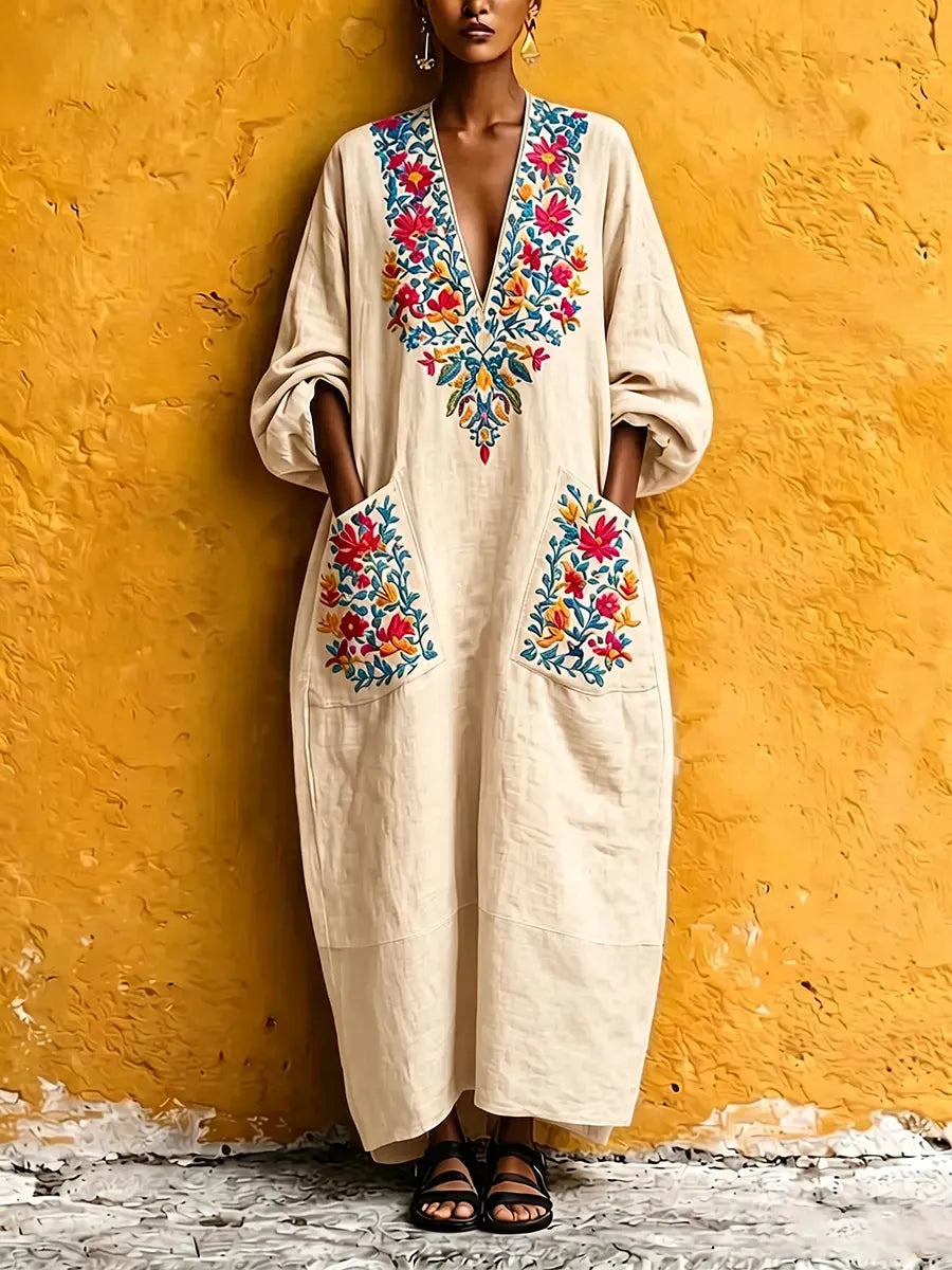 Vibrant Ethnic Floral V-Neck Linen Kaftan