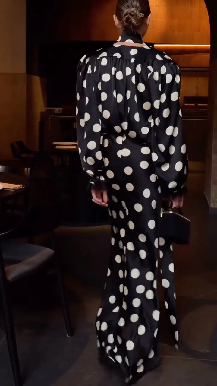 Women's V-Neck Polka Dot Satin Maxi Dress
