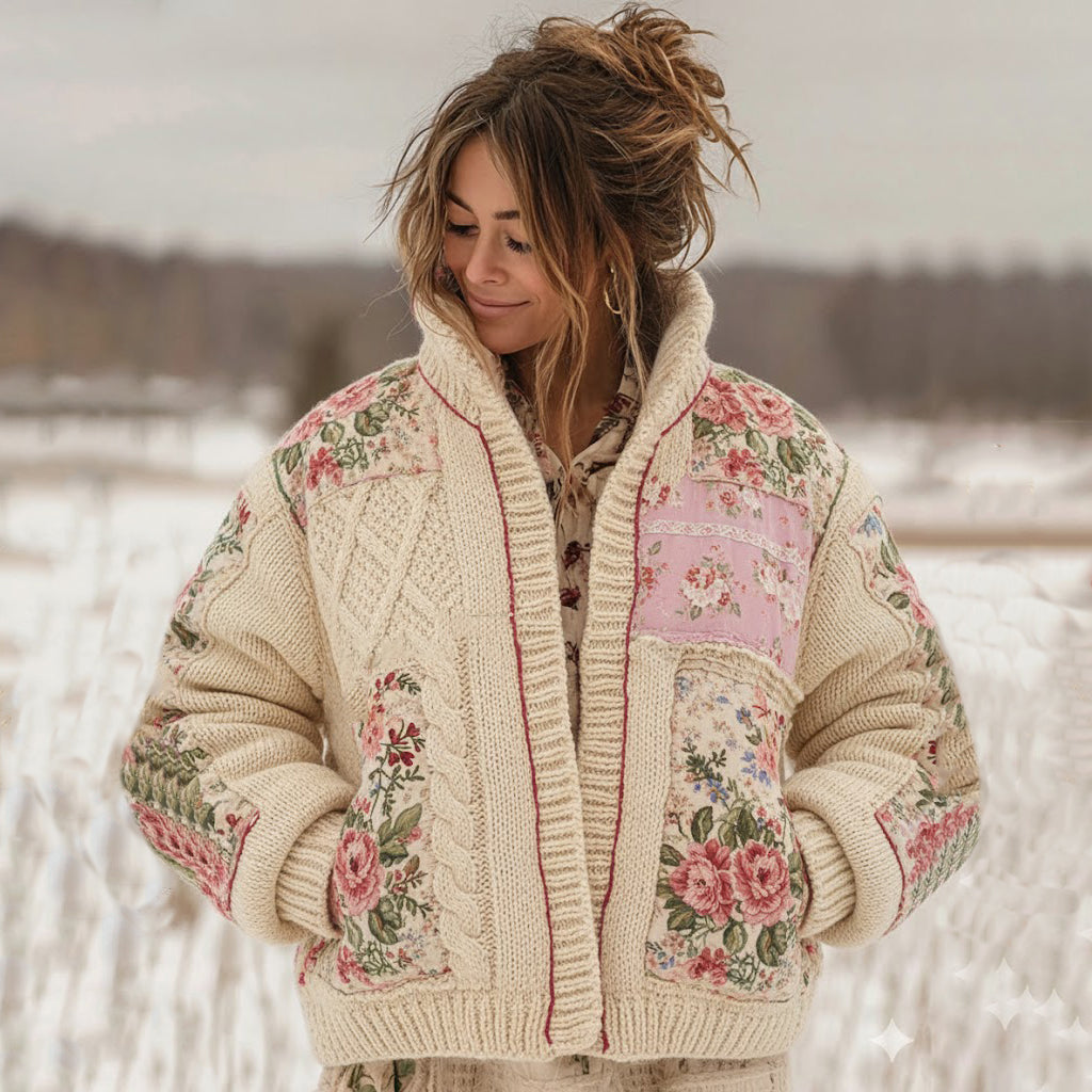 Women's Vintage Floral Patchwork Cozy Stand Collar Knit Sweater