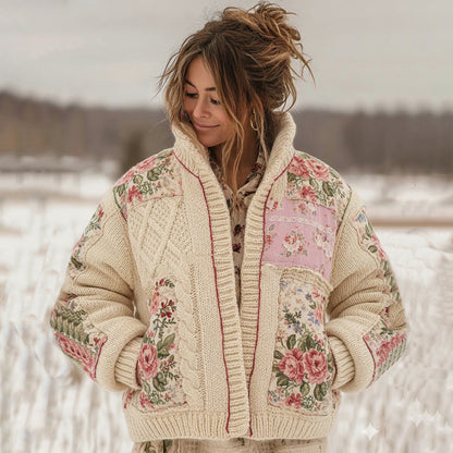 Women's Vintage Floral Patchwork Cozy Stand Collar Knit Sweater
