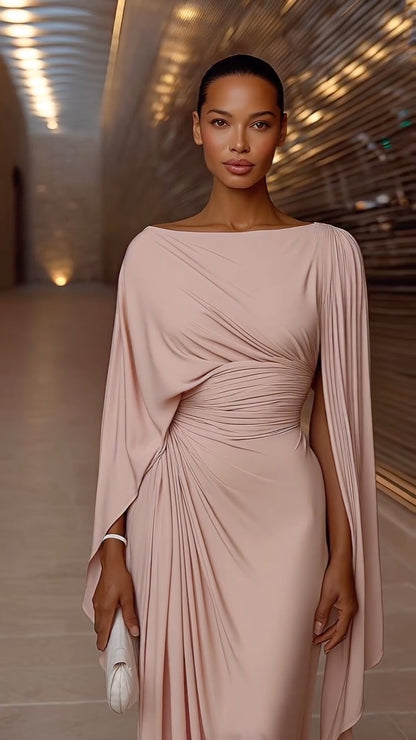 Draped Cape Sleeve Ruched Waist Bodycon Maxi Dress
