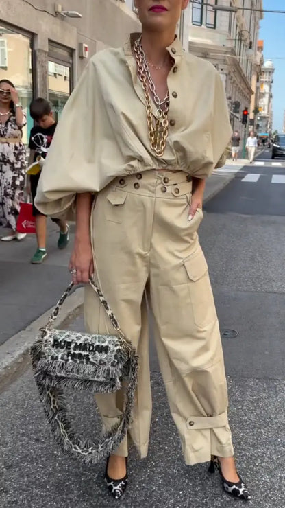Beige Oversized Shirt High Waist Cargo Pants Two Piece Set