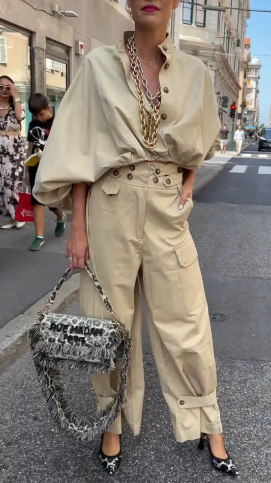 Beige Oversized Shirt High Waist Cargo Pants Two Piece Set