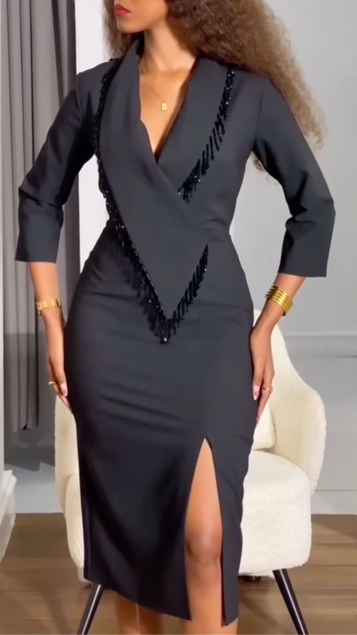 Black Fringe V Neck Midi Dress