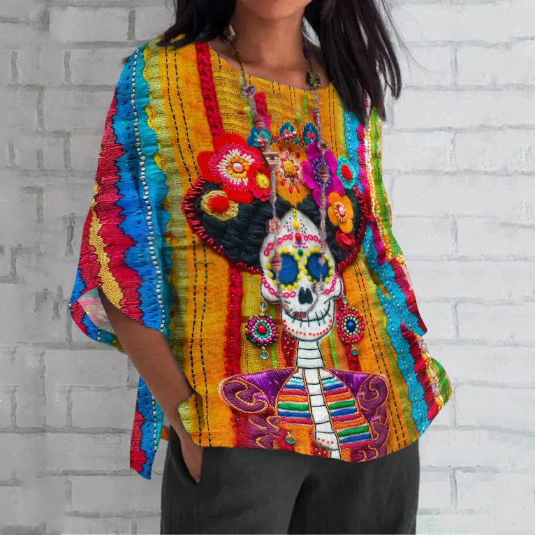 Vintage Mexican Sugar Skeleton Catrina Day Of The Dead Inspired Linen Blend Cozy Tunic