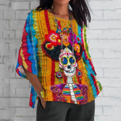 Vintage Mexican Sugar Skeleton Catrina Day Of The Dead Inspired Linen Blend Cozy Tunic