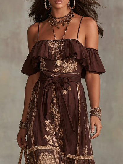 Chocolate Brown Floral Off-shoulder Ruffled Maxi Dress