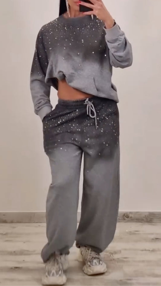 Women's Gradient Rhinestone Casual Hoodie Set