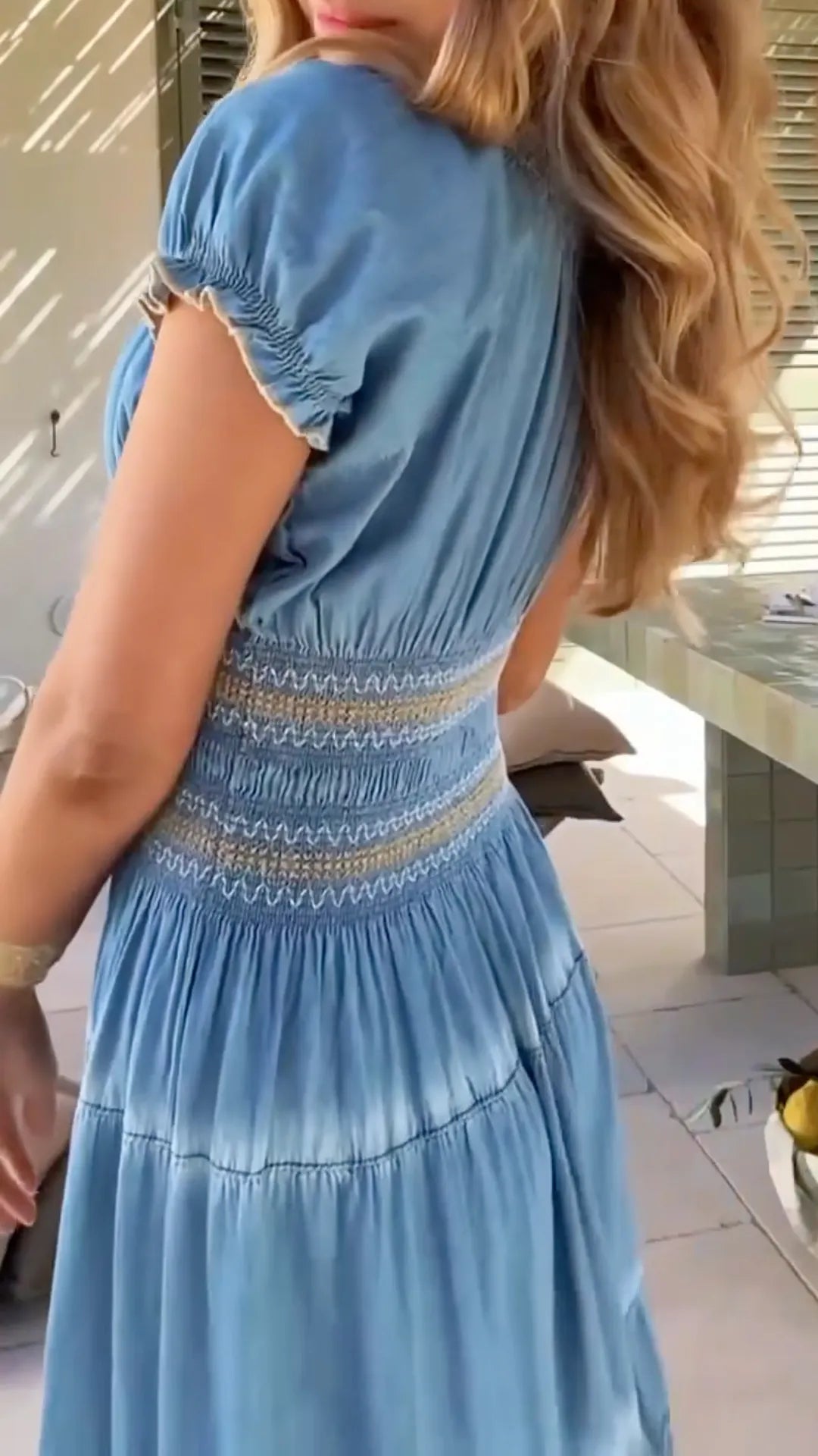 Blue Square Neck Denim Puff Sleeve Maxi Dress