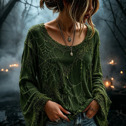 Women's Retro Halloween Spider Web Art Casual Long Sleeve Tops