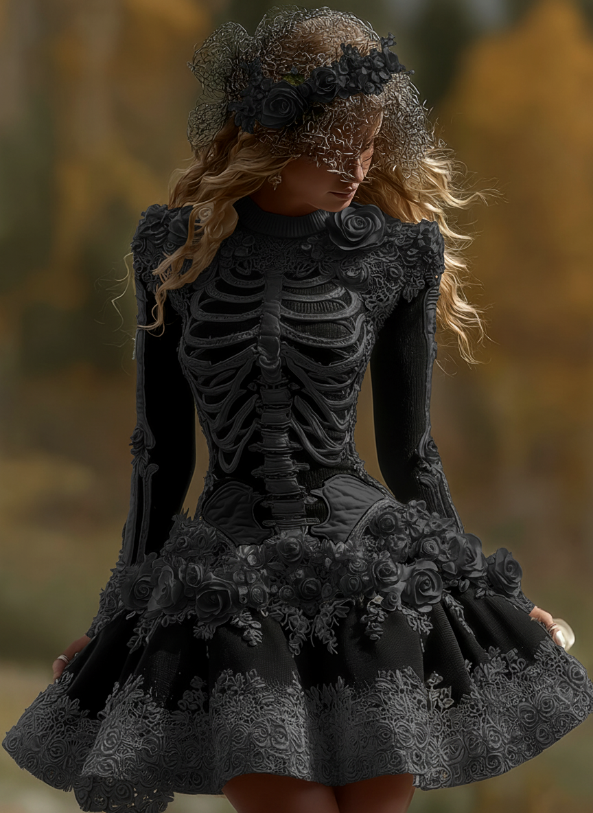 Women's Halloween Skeleton Bones With Rose Art Cozy Knit Mini Sweater Dress