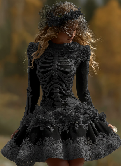 Women's Halloween Skeleton Bones With Rose Art Cozy Knit Mini Sweater Dress