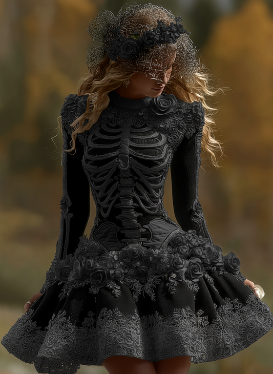 Women's Halloween Skeleton Bones With Rose Art Cozy Knit Mini Sweater Dress