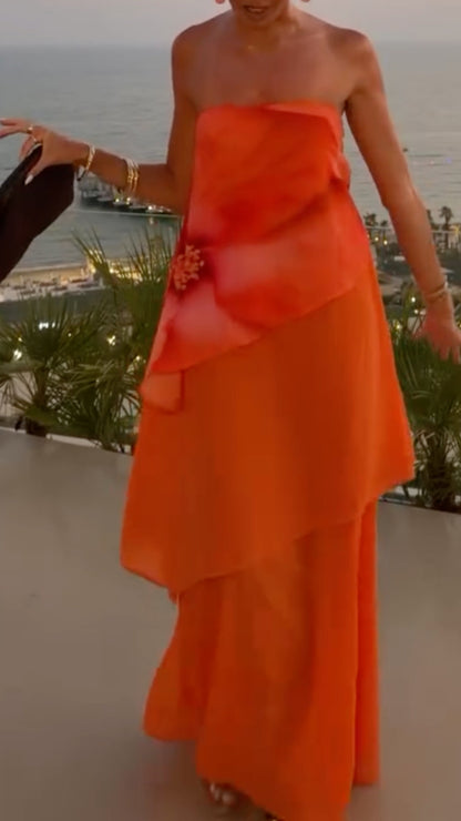 Orange Chiffon Slit Maxi Dress