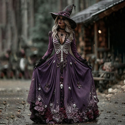 Vintage Witch Skull Rib Rose Pattern V-neck Maxi Dress