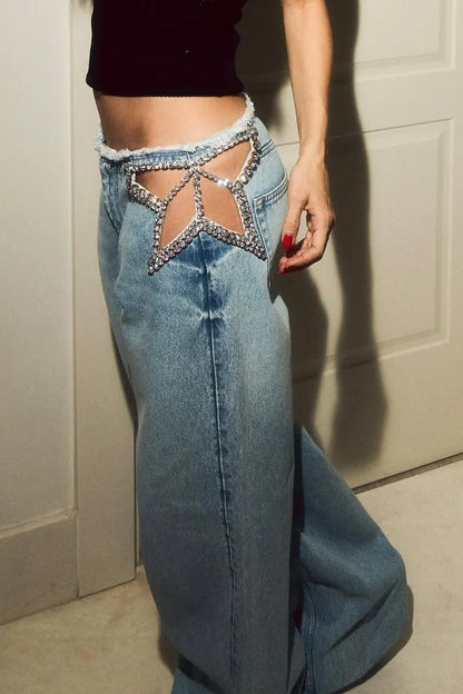 Rhinestone Star Cutout Low-Rise Jeans