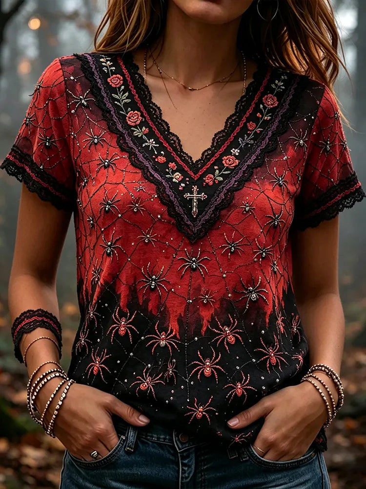 Women's Vintage Halloween Spider And Rose Lace Art Rhinestone V-neck Short Sleeve Top