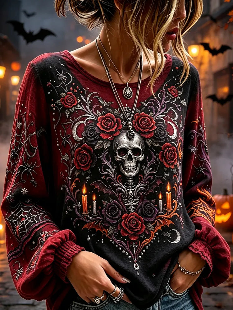 Women's Gothic Rose And Filigree Skull Print Long Sleeve Blouse