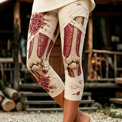 Women's Halloween Rose Skull Print Skinny Capri Pants