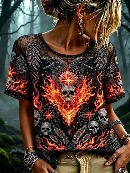 Women's Retro Halloween Skull And Raven Embroidered Crew Neck Short Sleeve T-shirt