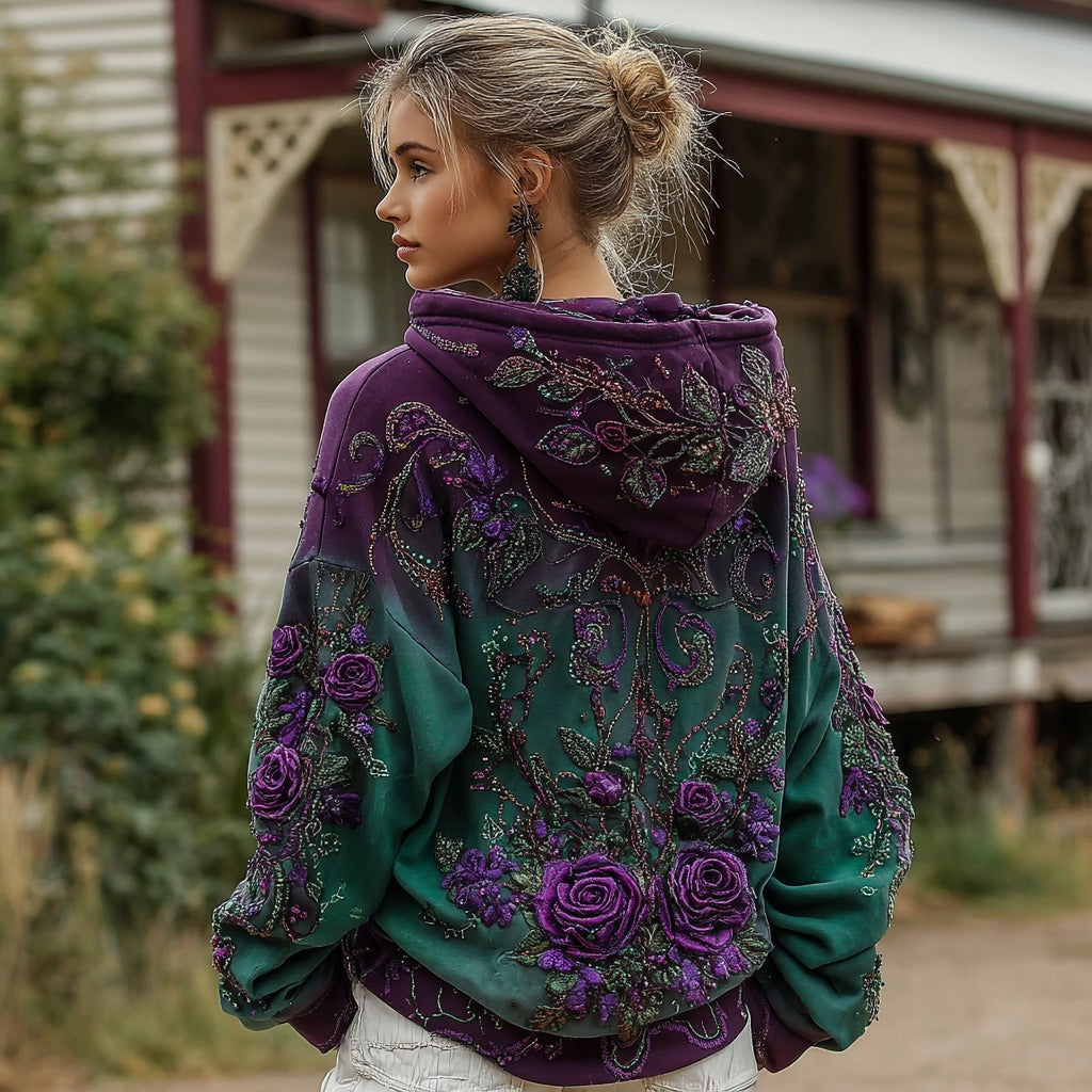 Women's Retro Purple Rose Gradient Pattern Casual Hoodie
