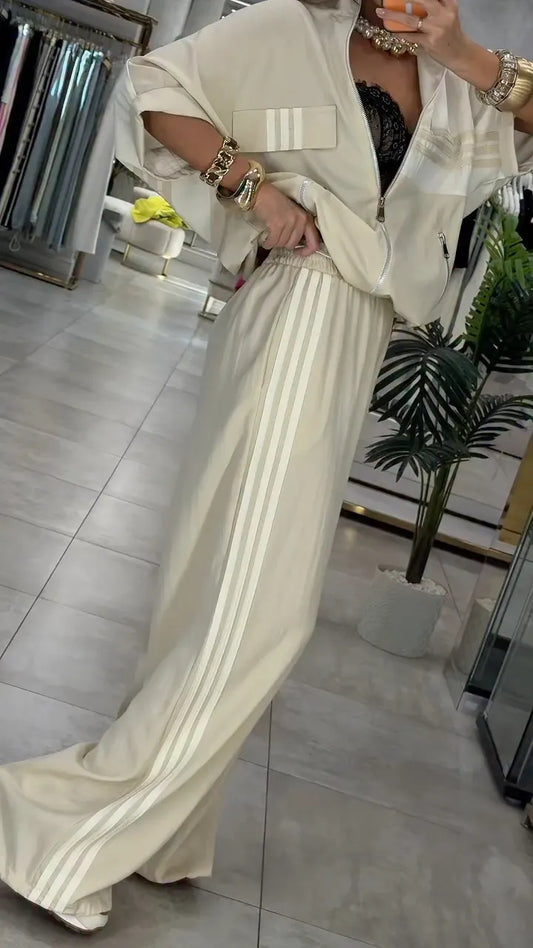 Beige Zip-Front Jacket & Wide Leg Pants Co-Ord Set