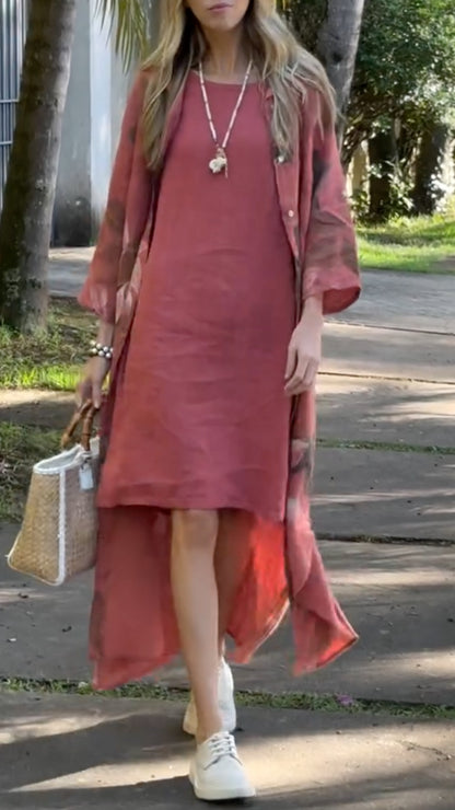Rust Linen Tunic Dress & Kimono Cardigan Set