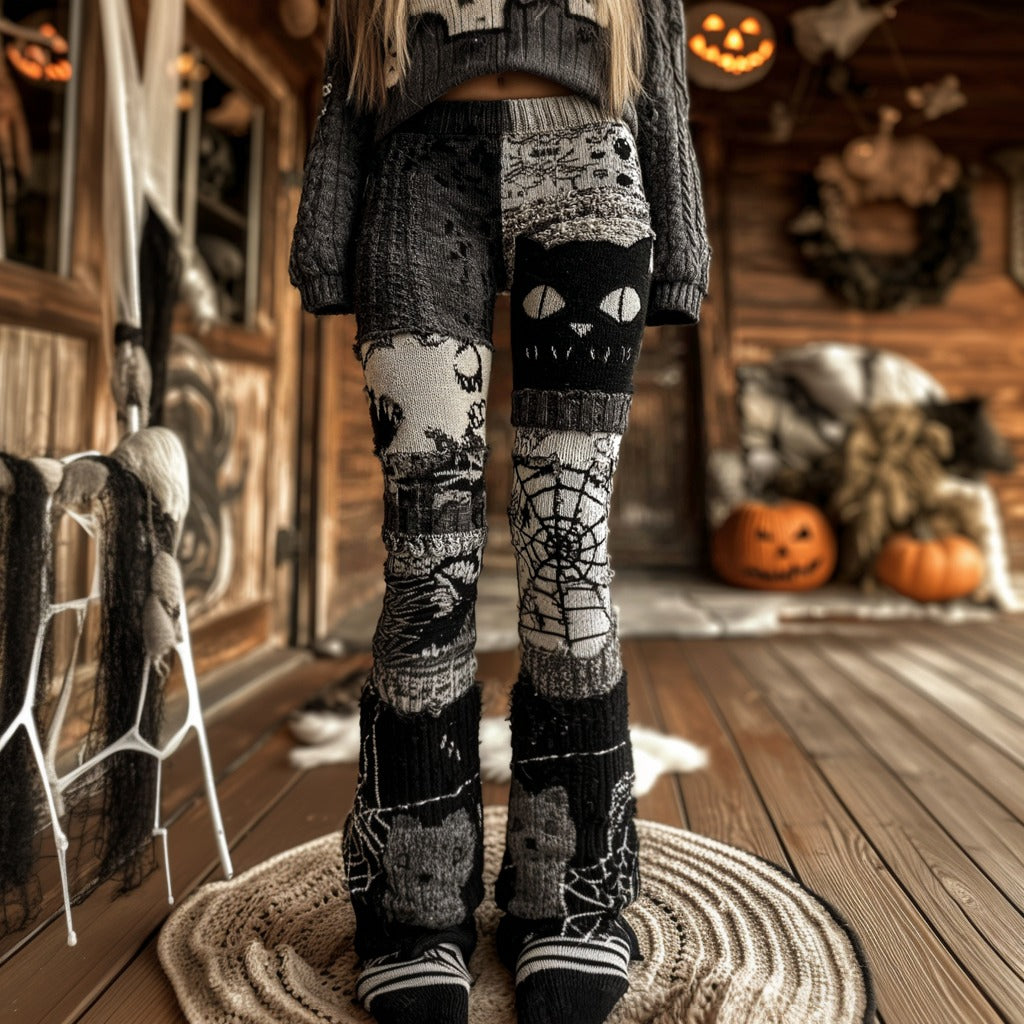 Halloween Black Cat And Spider Web Jacquard Patchwork Cozy Knit Leggings