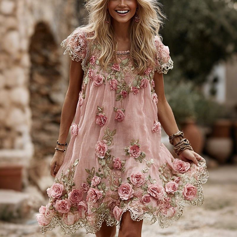 Women's Vintage Roses Lace Art  Flowy Linen Blend Casual Short Sleeve Mini Dress