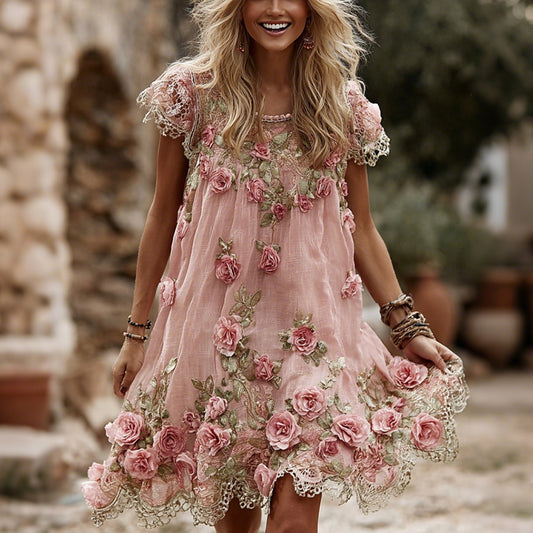 Women's Vintage Roses Lace Art  Flowy Linen Blend Casual Short Sleeve Mini Dress
