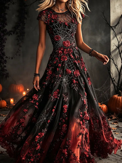 Women's Vintage Halloween Rose And Spiderweb Art Crew Neck Short Sleeve Maxi Dress