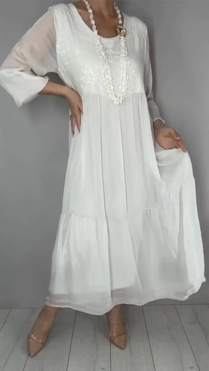 White Sequin Round Neck Chiffon Midi Dress